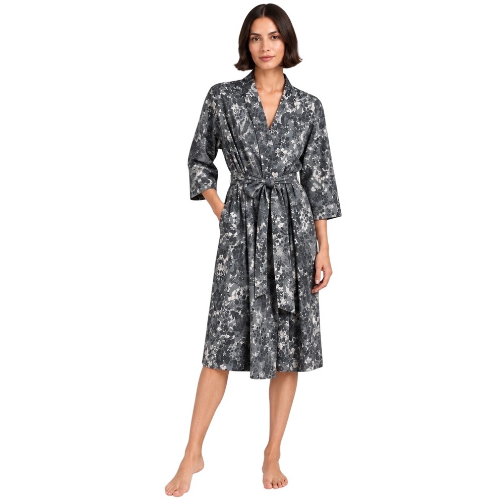 NWOT Peruvian Connection Pima Cotton Floral Wrap Robe Gray Black Size L